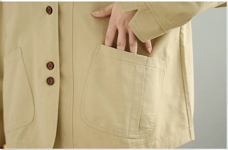 Retro Textured Boxy Shirt Collar Patch Pocket Jacket