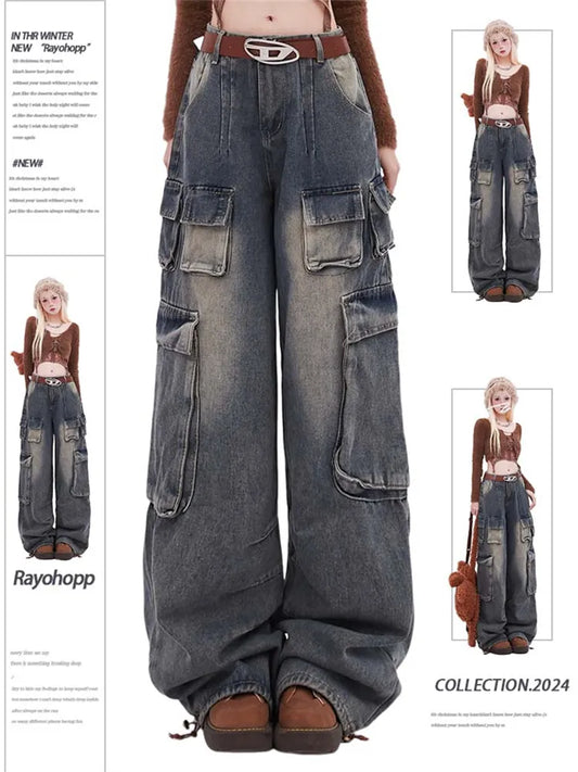 Retro Washed Pocket Baggy Straight Leg Cargo Jeans