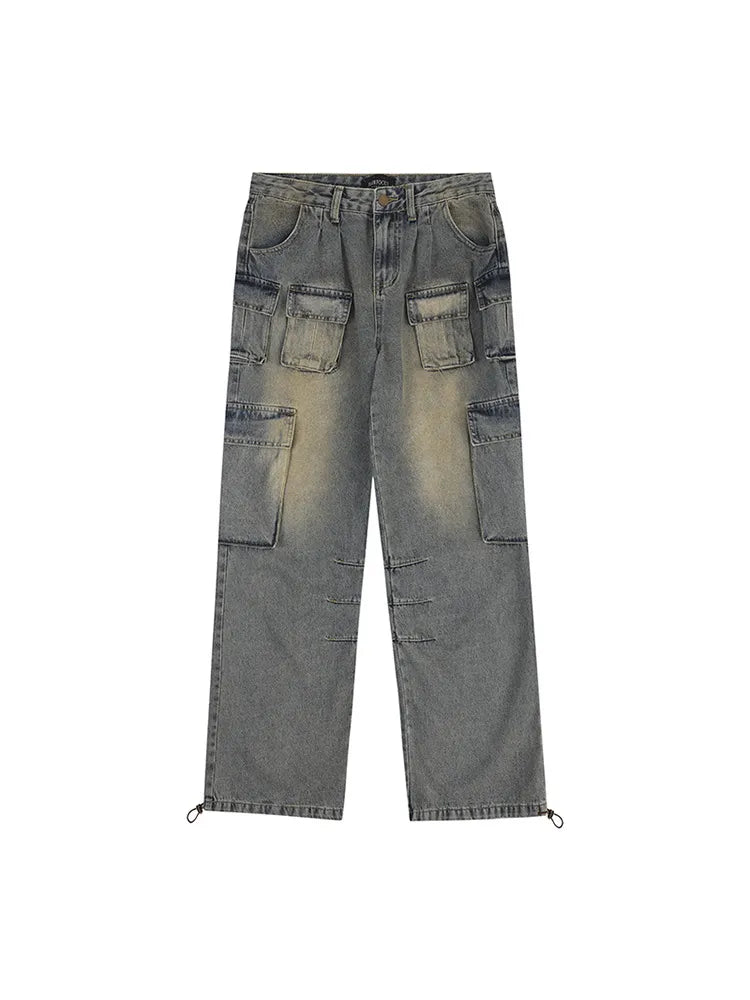 Retro Washed Pocket Baggy Straight Leg Cargo Jeans