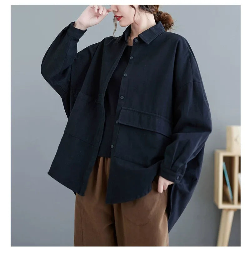 Retro Washed Cotton Patch Pocket Oversized Shirt