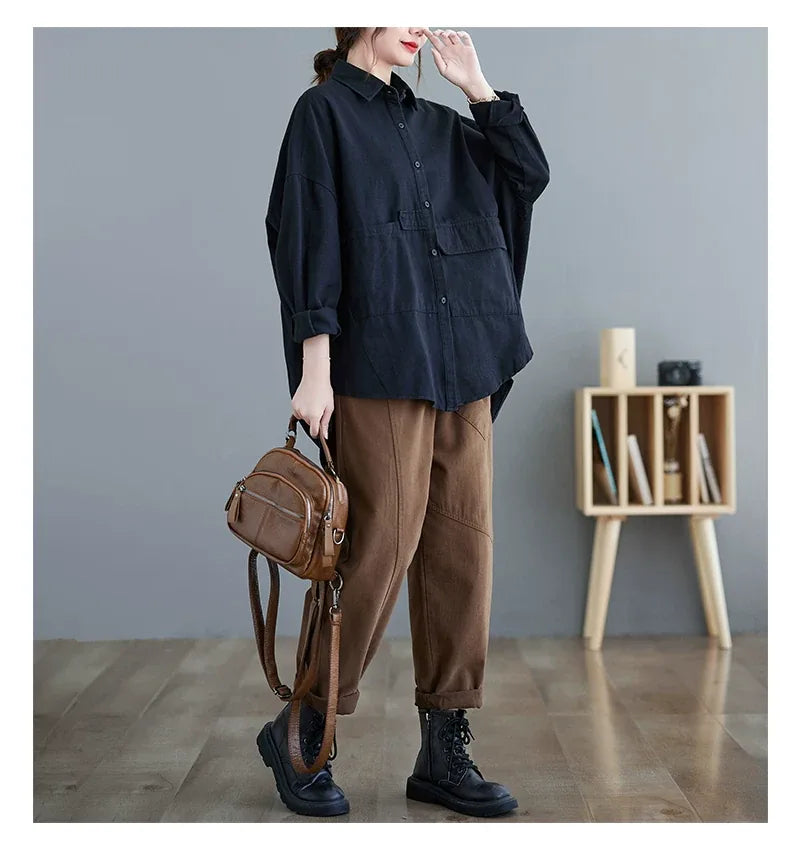 Retro Washed Cotton Patch Pocket Oversized Shirt