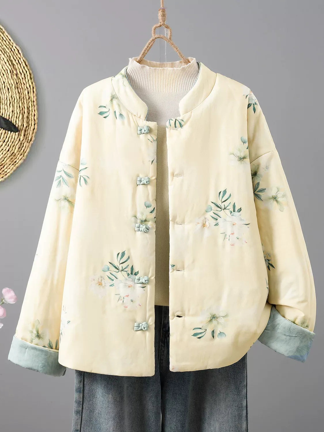 Reversible Floral Print Mandarin Collar Padded Jacket