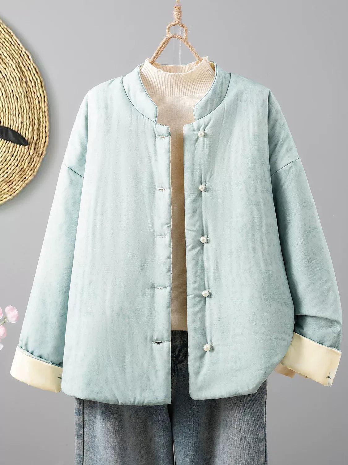 Reversible Floral Print Mandarin Collar Padded Jacket