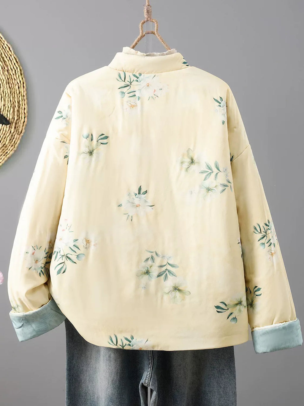 Reversible Floral Print Mandarin Collar Padded Jacket