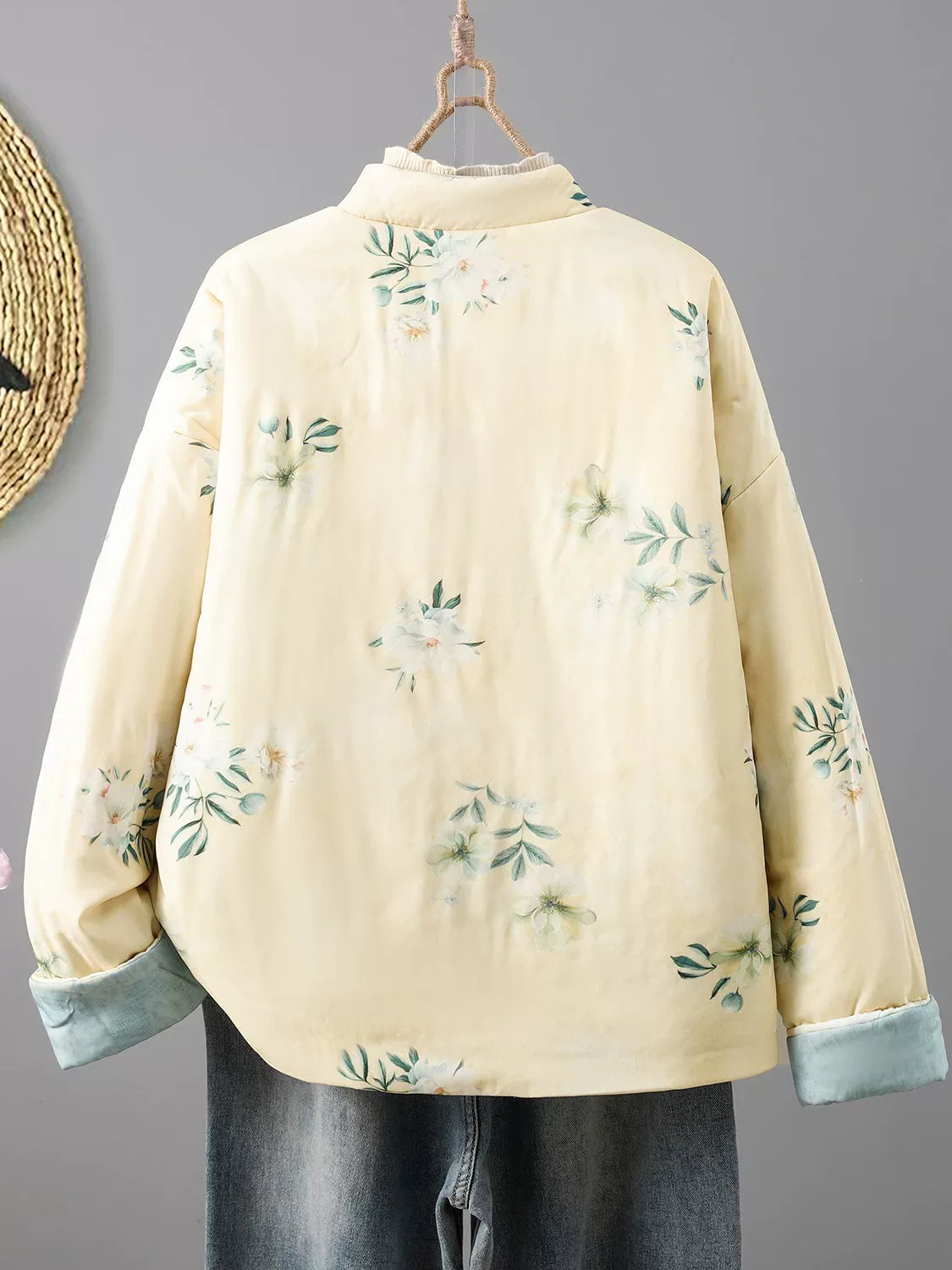 Reversible Floral Print Mandarin Collar Padded Jacket