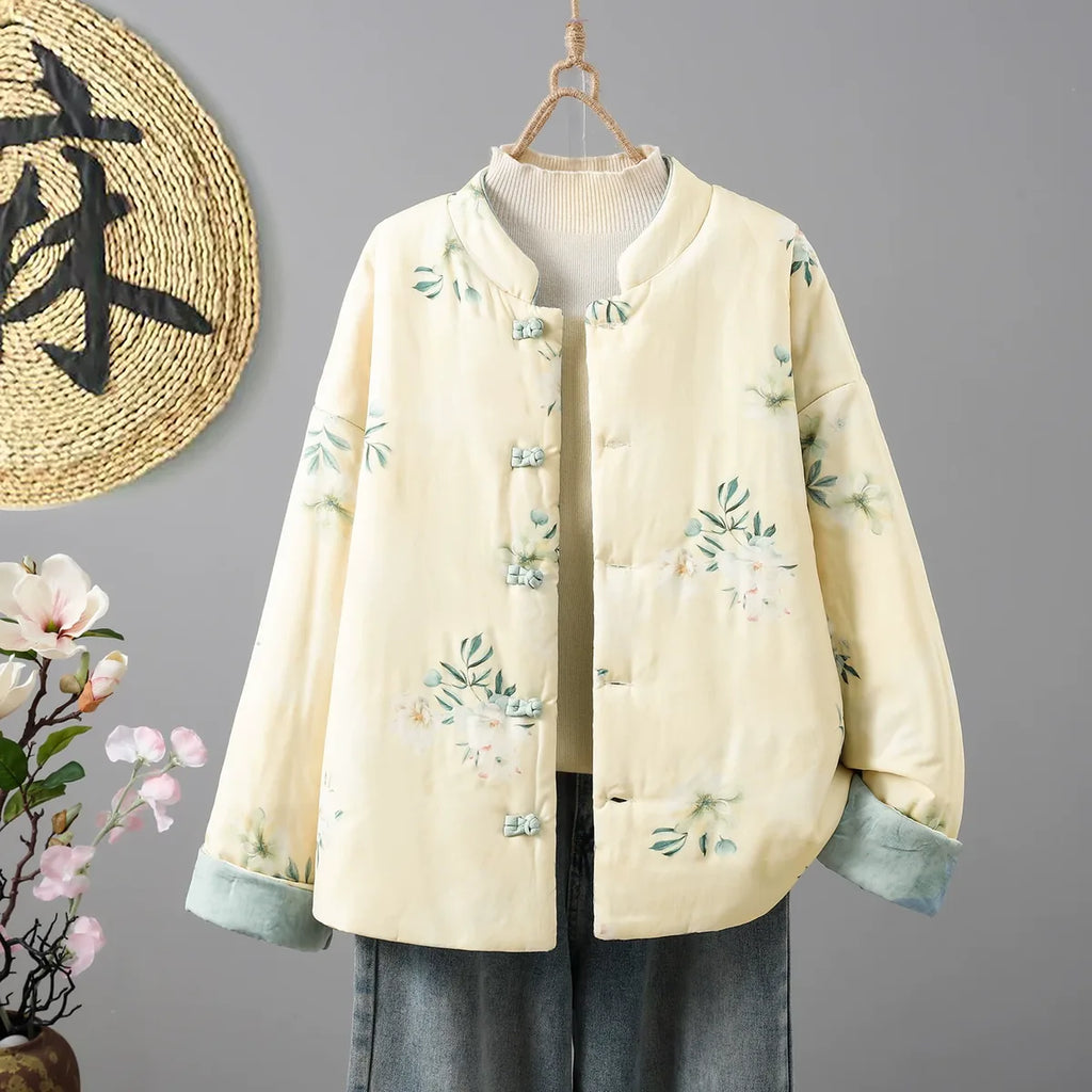 Reversible Floral Print Mandarin Collar Padded Jacket