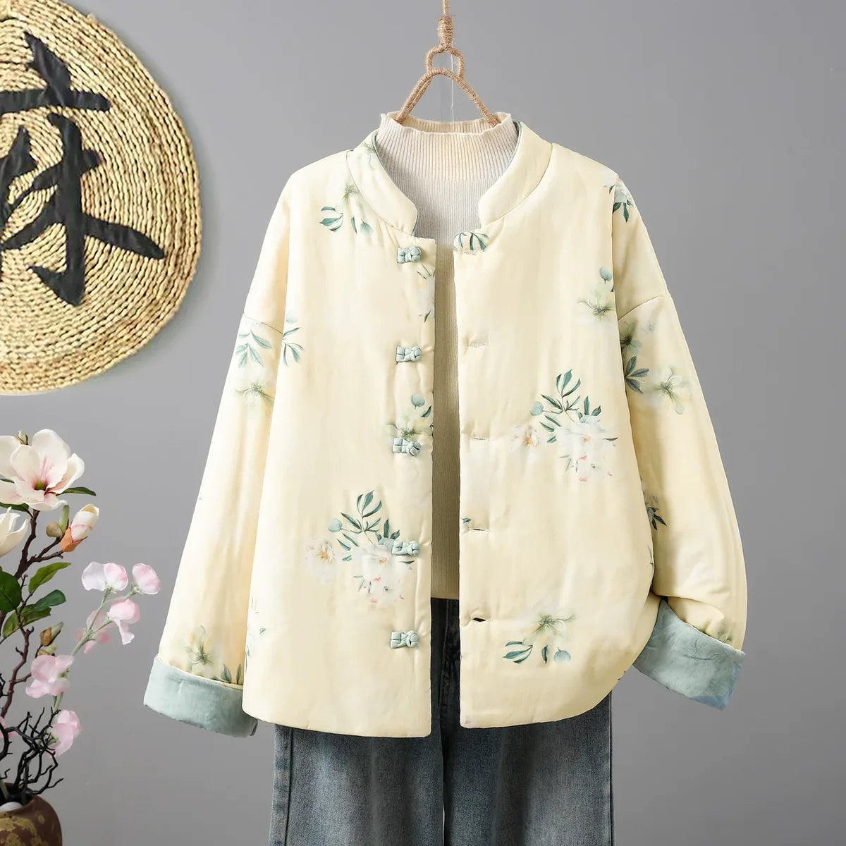 Reversible Floral Print Mandarin Collar Padded Jacket