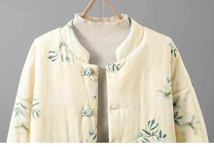 Reversible Floral Print Mandarin Collar Padded Jacket