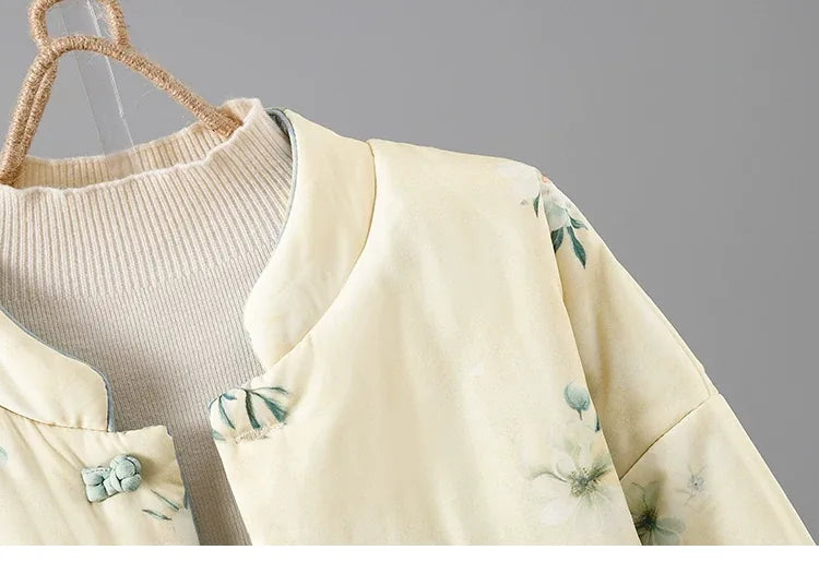 Reversible Floral Print Mandarin Collar Padded Jacket