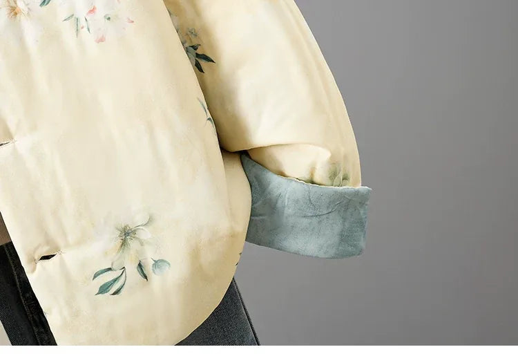 Reversible Floral Print Mandarin Collar Padded Jacket