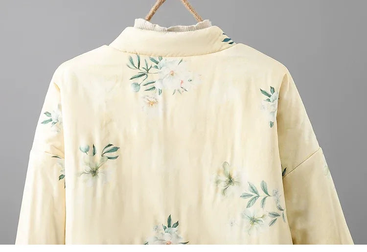 Reversible Floral Print Mandarin Collar Padded Jacket
