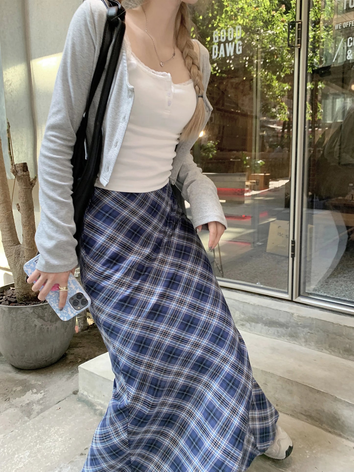 Rhombus Check High Waist Midi Skirt