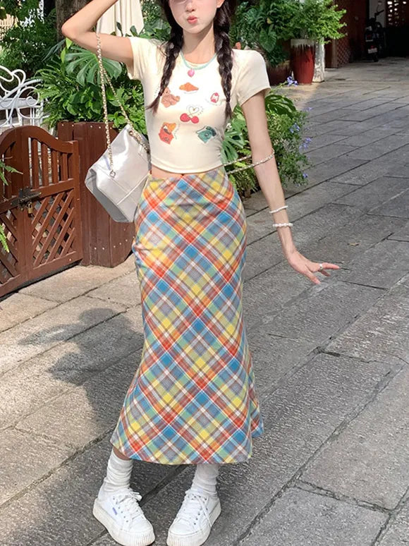 Rhombus Check Print High Waist Midi Skirt