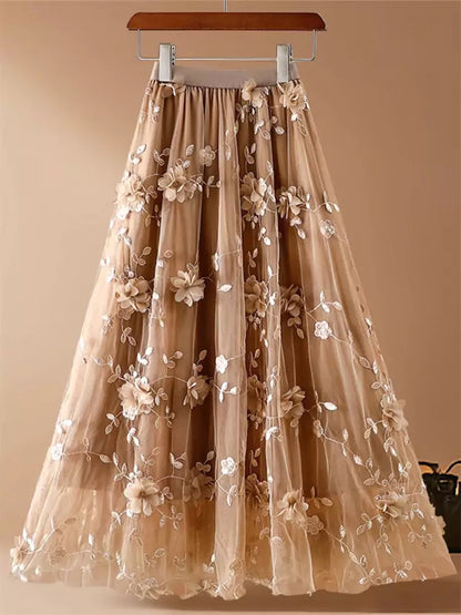 Damen-Midirock mit Rosenapplikationen aus 3D-Mesh in A-Linie