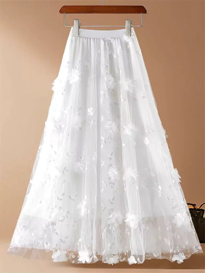 Damen-Midirock mit Rosenapplikationen aus 3D-Mesh in A-Linie