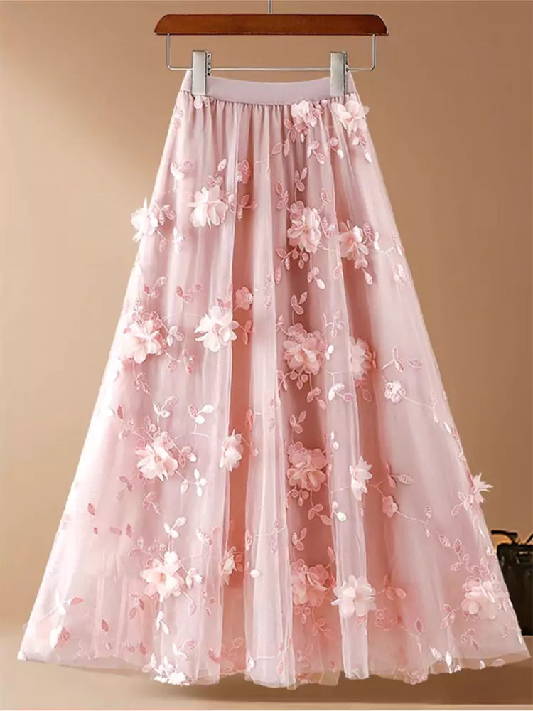 Falda midi de corte A con malla 3D y apliques de rosas para mujer