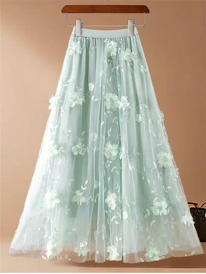 Damen-Midirock mit Rosenapplikationen aus 3D-Mesh in A-Linie