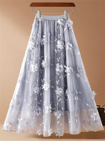 Damen-Midirock mit Rosenapplikationen aus 3D-Mesh in A-Linie