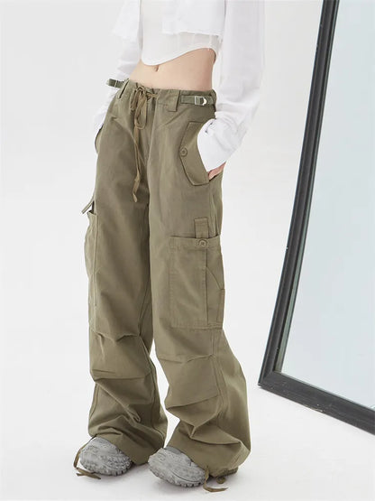 Pantalones cargo de pierna recta con bolsillos y cordón fruncido estilo retro
