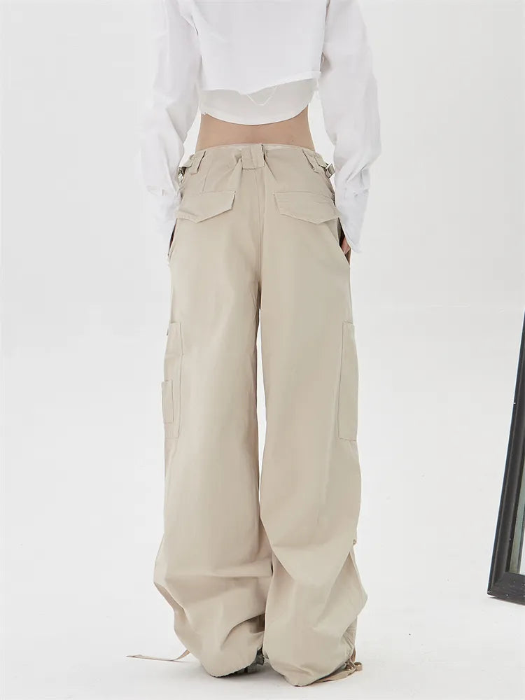 Retro Cargohose mit gerafftem Bein, geradem Bein und Kordelzugtasche