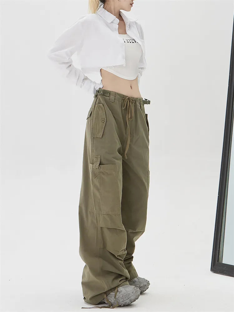 Retro Cargohose mit gerafftem Bein, geradem Bein und Kordelzugtasche