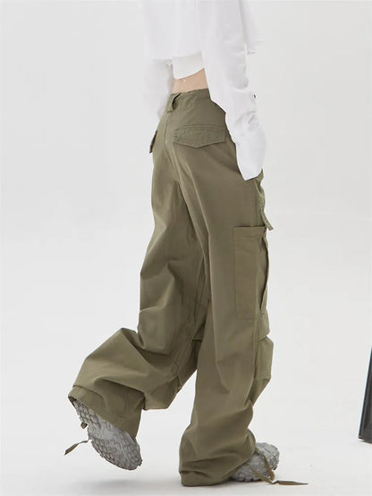 Pantalones cargo de pierna recta con bolsillos y cordón fruncido estilo retro