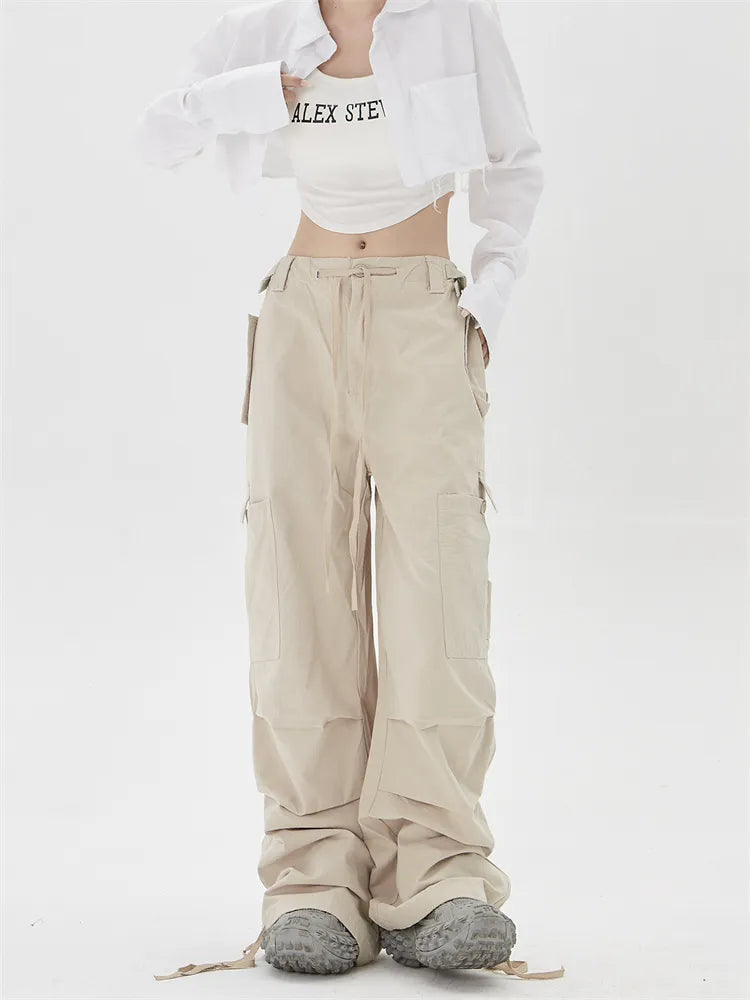 Retro Cargohose mit gerafftem Bein, geradem Bein und Kordelzugtasche