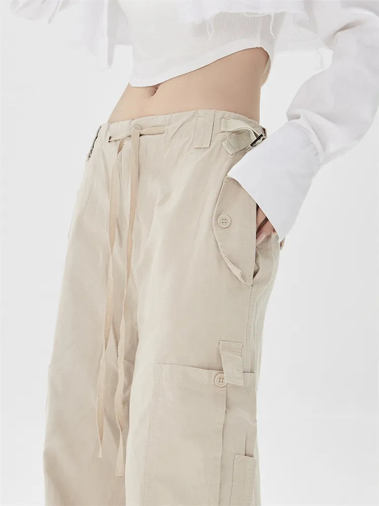 Retro Cargohose mit gerafftem Bein, geradem Bein und Kordelzugtasche