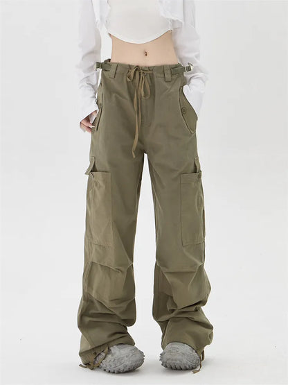 Pantalones cargo de pierna recta con bolsillos y cordón fruncido estilo retro