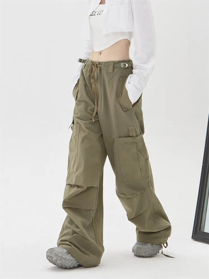 Pantalones cargo de pierna recta con bolsillos y cordón fruncido estilo retro