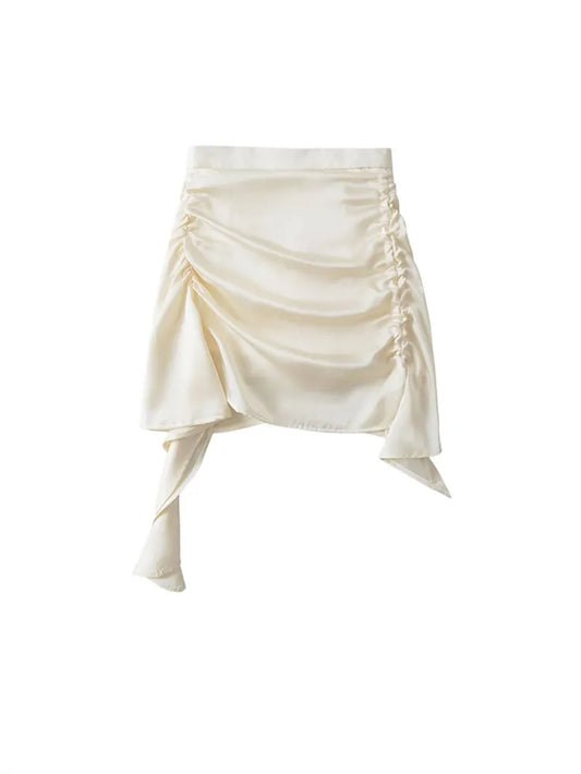 Ruched Side Satin High Waist Asymmetric Hem Mini Skirt