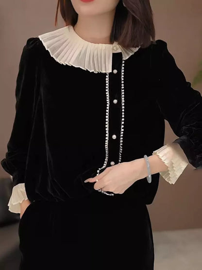 Hochwertige schwarze Samtbluse mit Rüschenkragen und langen Ärmeln