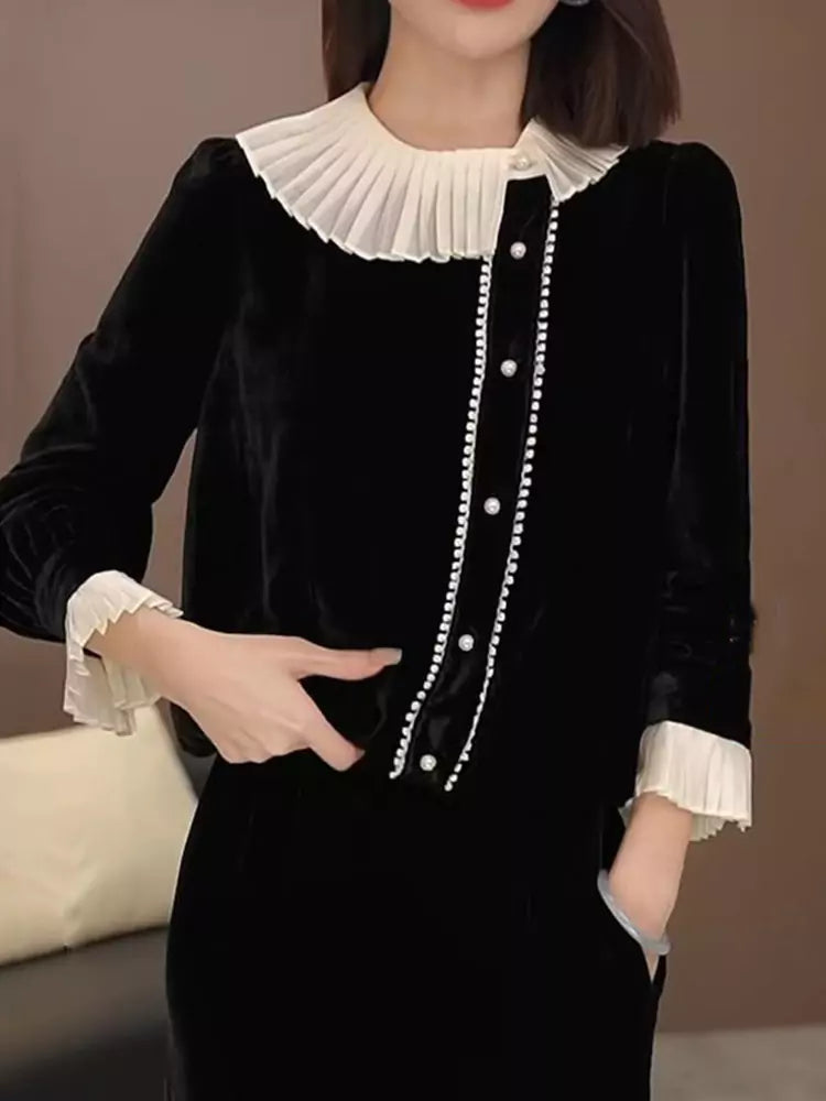 Ruffle Collar High-End Black Long Sleeve Fashion Velvet Blouse