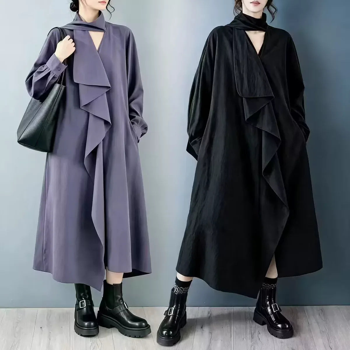 Ruffle Overlay Keyhole Neck Long Sleeve Maxi Dress