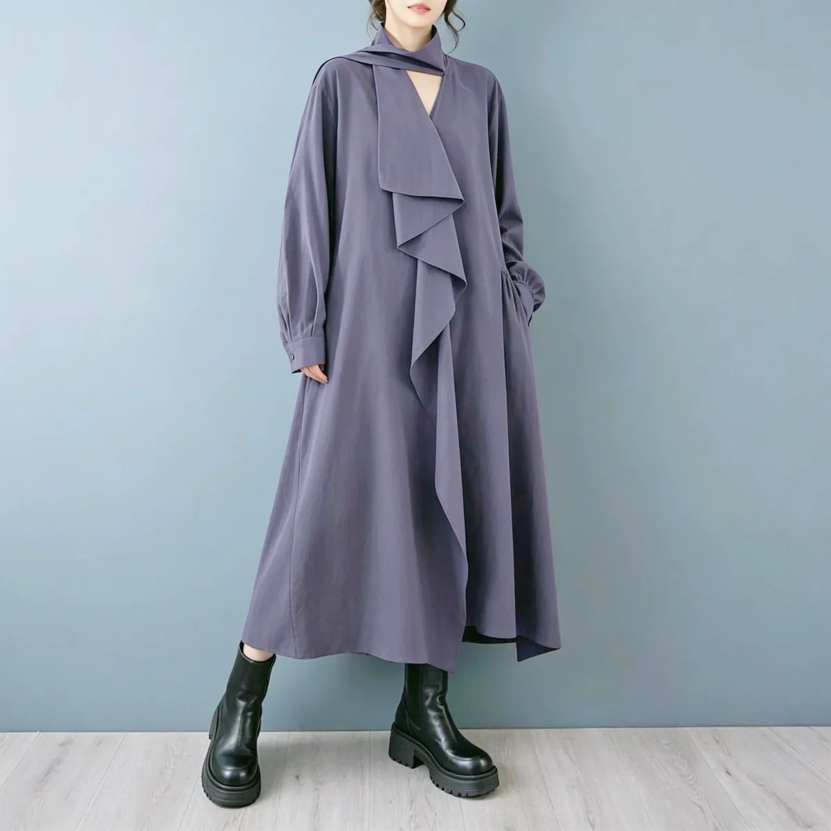 Ruffle Overlay Keyhole Neck Long Sleeve Maxi Dress