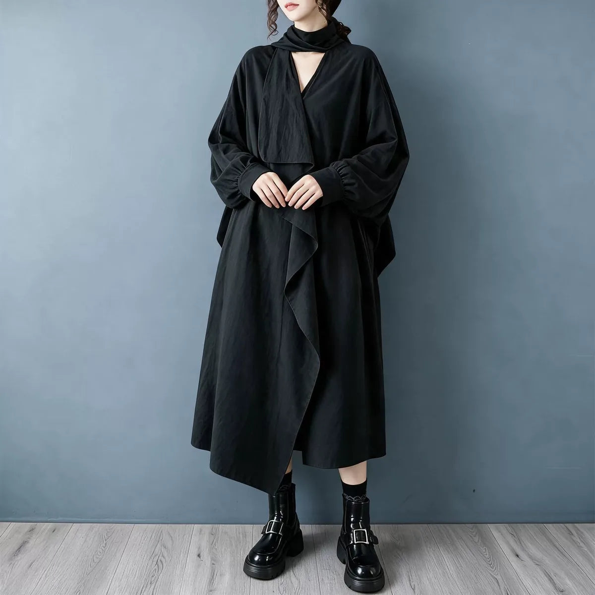 Ruffle Overlay Keyhole Neck Long Sleeve Maxi Dress
