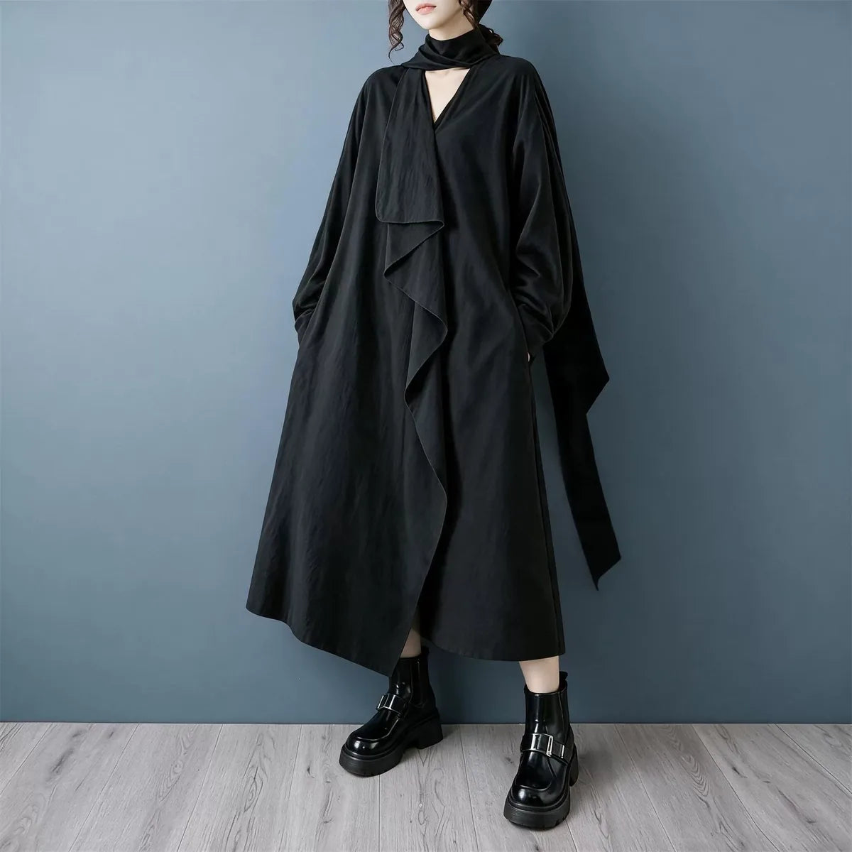 Ruffle Overlay Keyhole Neck Long Sleeve Maxi Dress