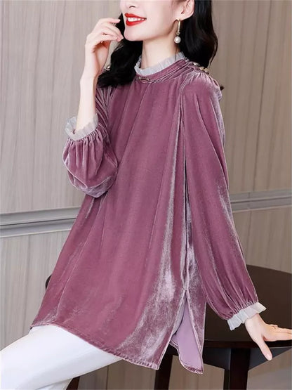 Women's Ruffle Trim Collar Loose Fit Velvet Blouse
