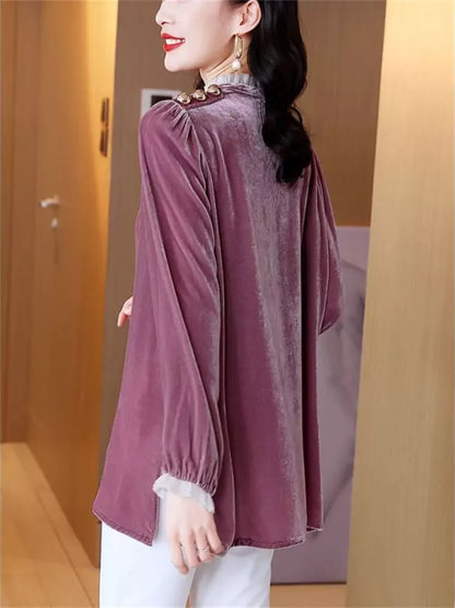 Women's Ruffle Trim Collar Loose Fit Velvet Blouse