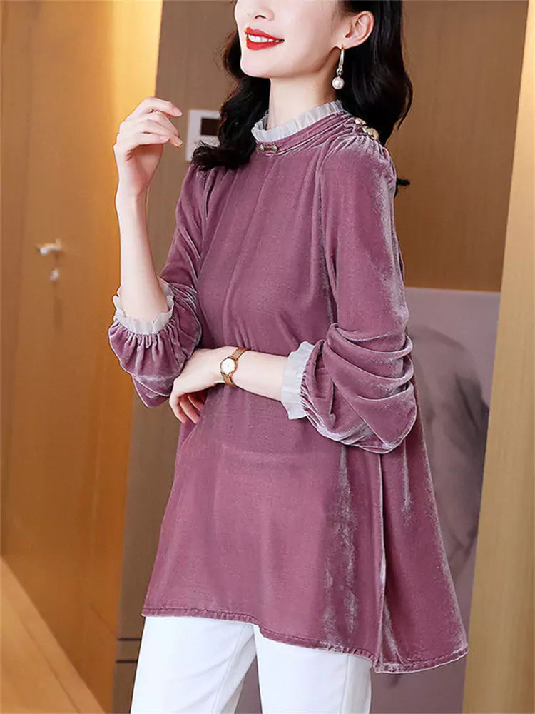 Women's Ruffle Trim Collar Loose Fit Velvet Blouse
