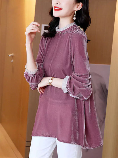 Women's Ruffle Trim Collar Loose Fit Velvet Blouse
