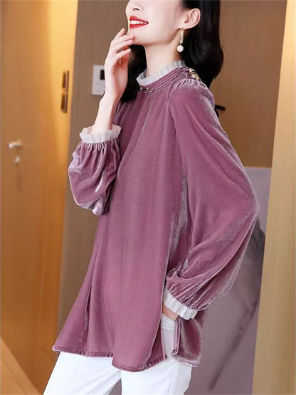Women's Ruffle Trim Collar Loose Fit Velvet Blouse
