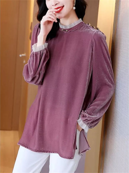 Women's Ruffle Trim Collar Loose Fit Velvet Blouse