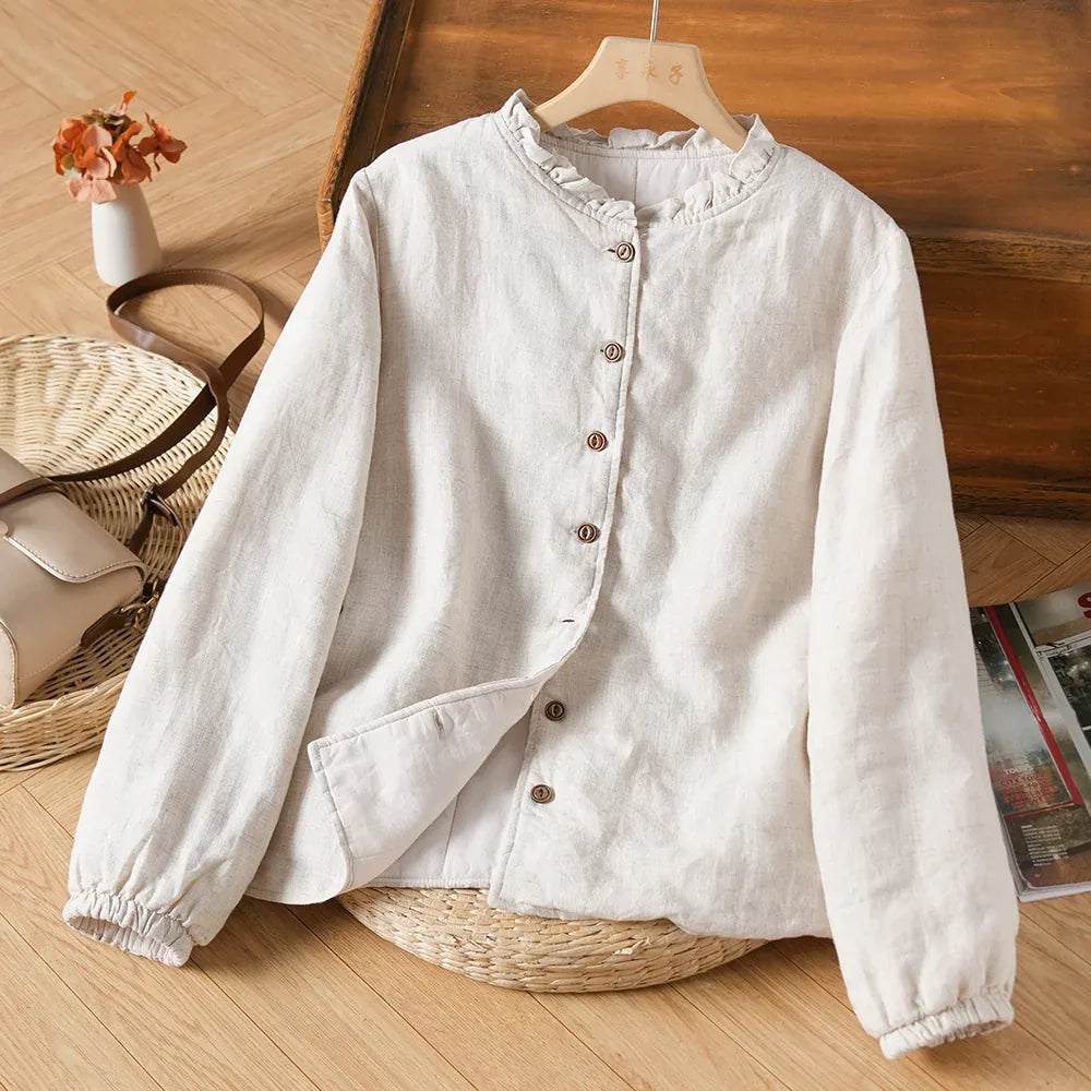 Ruffled Neckline Padded Jacket with Elastic Cuffs