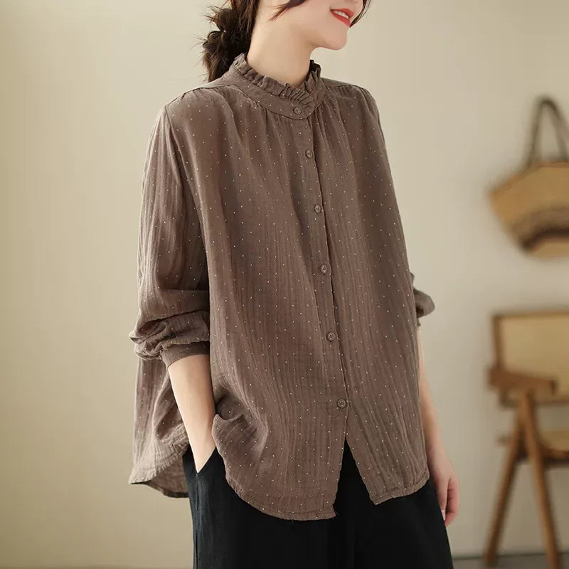 Ruffled Stand Collar Polka Dot Crinkle Cotton Shirt