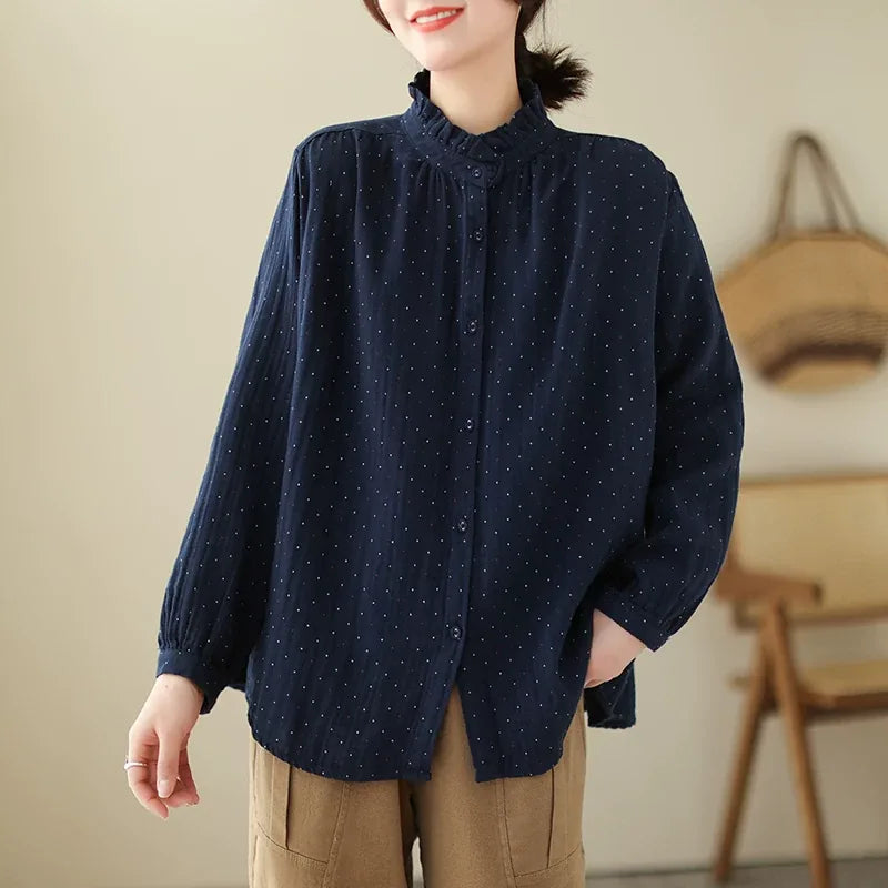 Ruffled Stand Collar Polka Dot Crinkle Cotton Shirt