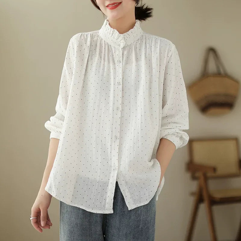 Ruffled Stand Collar Polka Dot Crinkle Cotton Shirt