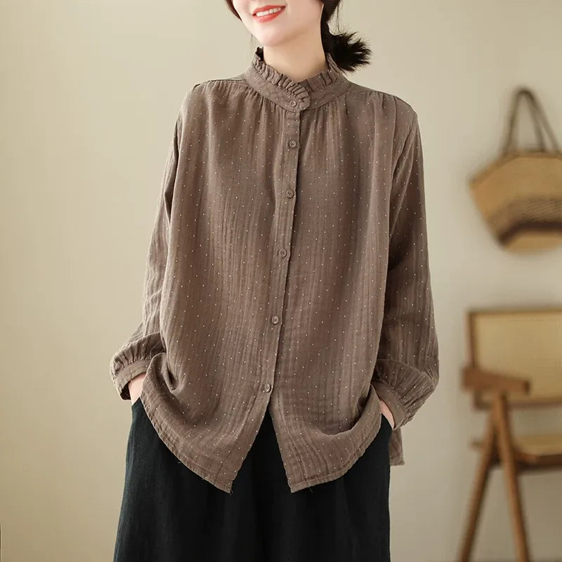 Ruffled Stand Collar Polka Dot Crinkle Cotton Shirt