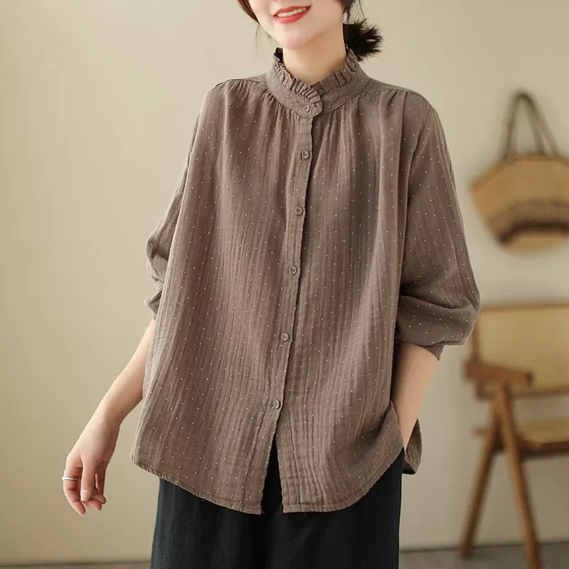 Ruffled Stand Collar Polka Dot Crinkle Cotton Shirt