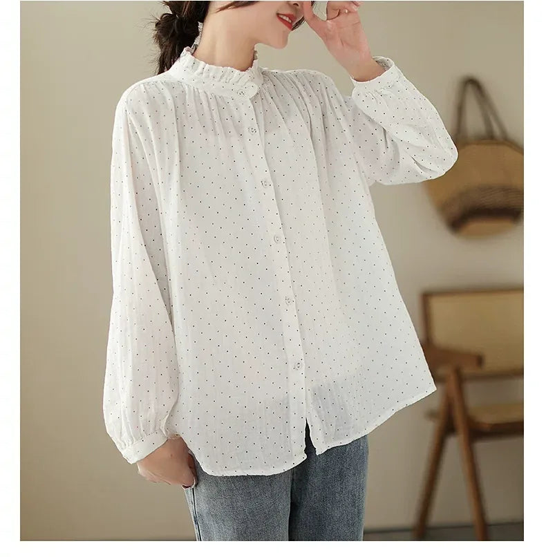 Ruffled Stand Collar Polka Dot Crinkle Cotton Shirt